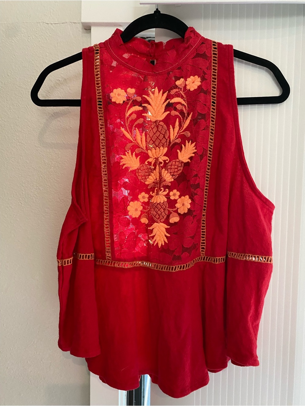 Free People Red Embroidered Pineapple Lace Tank